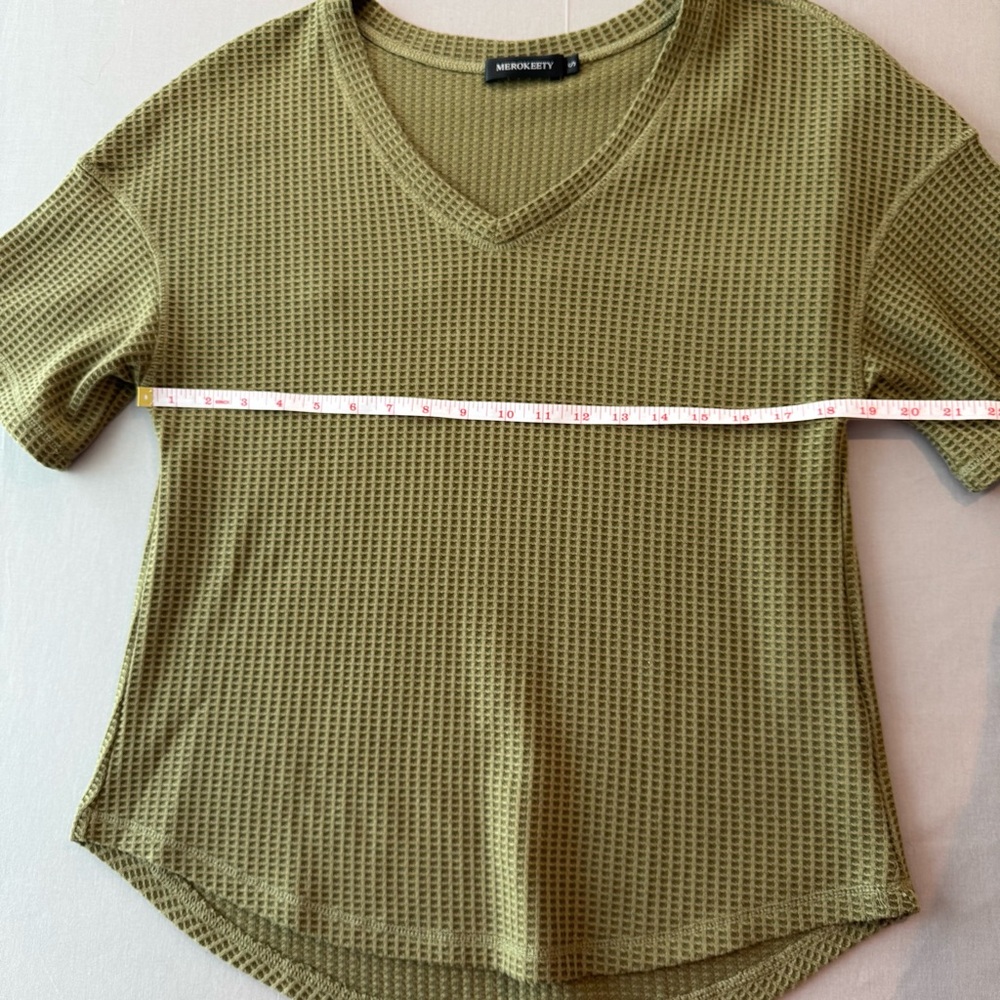Merokeety Women's Small V-Neck Waffle Knit Top - Olive Green - Picture 6 of 8